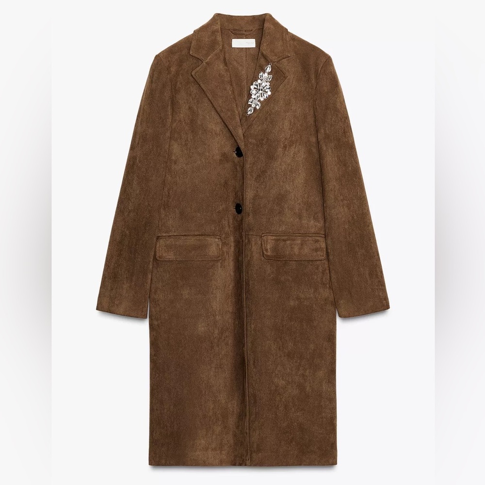 NWT Zara Tobacco Brown Large Faux Suede Frock Coat with Brooch